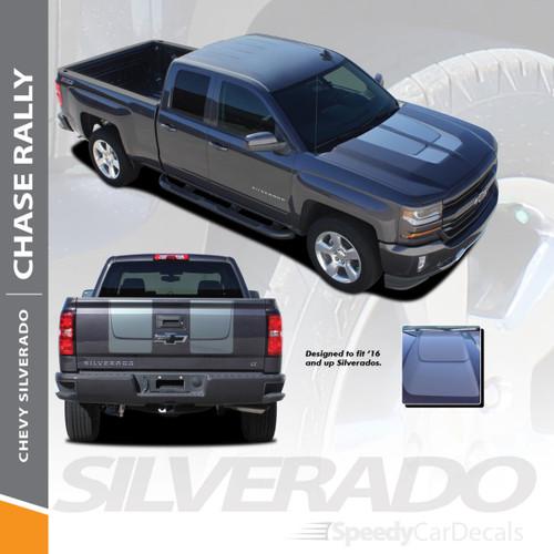 CHASE RALLY : 2016-2018 Chevy Silverado Rally Edition Style Hood Tailgate Vinyl Graphic Decal Racing Stripe Kit
