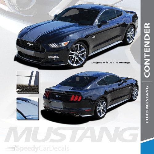 CONTENDER : 2015 2016 2017 Ford Mustang Wide Center Bumper to Bumper Hood Racing Rally Stripes Vinyl Graphics Kit