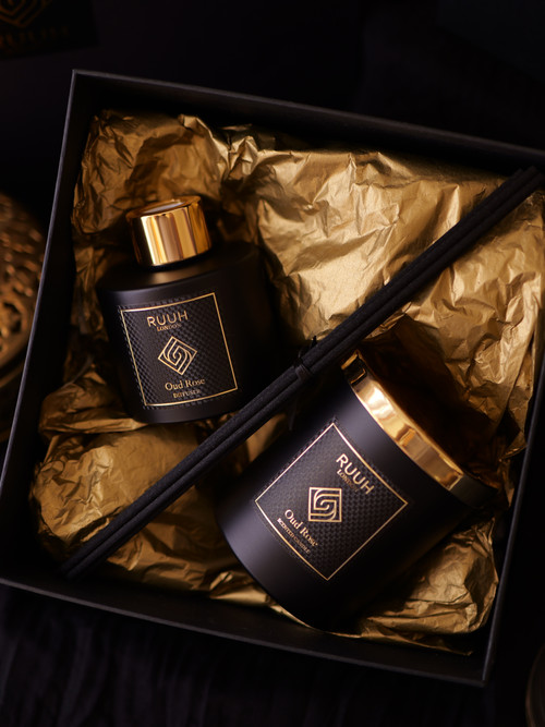 Oud Rose Gift Set Luxury Reed Diffuser and Scented Candle (with Gold Lid)