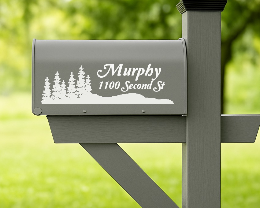 Forest Tree Scene mailbox decal in White Glossy on a gray mailbox