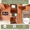 Happy Camper Summer Vinyl Wall Decals with Vintage Camper Design RV Accessories — Die-cut letters on a wooden camper wall in
