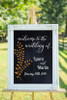 Welcome to the Wedding of Personalized Wall Decals Vinyl Lettering Sticker Art Wed Reception Decor LtGray Rust Orange applied to chalkboard