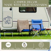 Happy Camper Wall Art Stickers Vinyl Lettering Decals for RV Accessories — Blue folding chairs and a brown blanket by a
