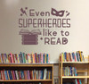 School Wall Decals Superheroes Like To Read Library Vinyl Art Stickers — Purple wall graphic with books and superhero mask