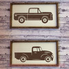 2 Antique Vintage Trucks Vinyl Art Stickers Old Pickup Wall Decals — Brown truck silhouettes in wooden-framed artwork on a