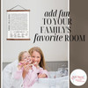 Wood & Canvas Wall Hanging Bathroom Word Search Forgot Phone Wall Art — Bright bathroom scene with mother and child enjoying