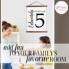 Wood & Canvas Wall Hanging, Party of Number Last Name Custom Wall Art — Stylish wall art with wooden frames displaying a