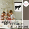 Wood & Canvas Wall Hanging, Home Where Herd Is Cow Farm Wall Art — Black and white cow-themed wall art in a cozy kitchen