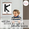 Wood Canvas Wall Hanging Personalized Kids Name Sign Modern Monogram Art — Framed wall art with a black letter 'K' on a