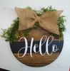 Decal for Round Wood Sign Hello Cursive Art Lettering painted on stained board using stencil