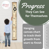 Lion Canvas Growth Chart Sign 6ft Height Ruler Tracker — Hanging growth chart in a room, with a child observing its