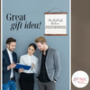 As Stated Below Definition Canvas Wall Decor Sign Office Art — Three people discussing a tablet in front of a gray wall with