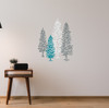 Spruce Tree Wall Decals Woodland Forest Theme Wall Art — Colorful tree wall decals in teal and gray on a neutral wall