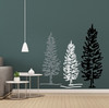 Spruce Tree Wall Decals Woodland Forest Theme Wall Art — Three stylized pine trees in white, grey, and black on a dark green