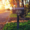 Mailbox Number Stickers with Laurels Custom Name Address Decals — Black mailbox on a post surrounded by greenery and autumn