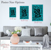 Custom Graduation Poster Welcome Grad Name Photo — Three decorative posters in teal, styled above a modern gray couch with a