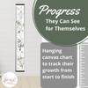 White Rose Greenery Canvas Growth Chart Height Ruler for Kids — Hanging growth chart with floral design on a white wall