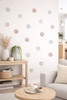 Neutral Watercolor Polka Dot Wall Decal Set (Soft Pastel Dots) — Round pastel wall decals arranged in a playful pattern on a