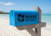Personalized Palm Tree Mailbox Decal | Custom Beach Address Sticker blue mailbox with Black Decal