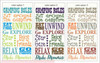 Camping Rules Subway Art Printed Vinyl Decal — Colorful camping rules displayed in various typography, set against a white