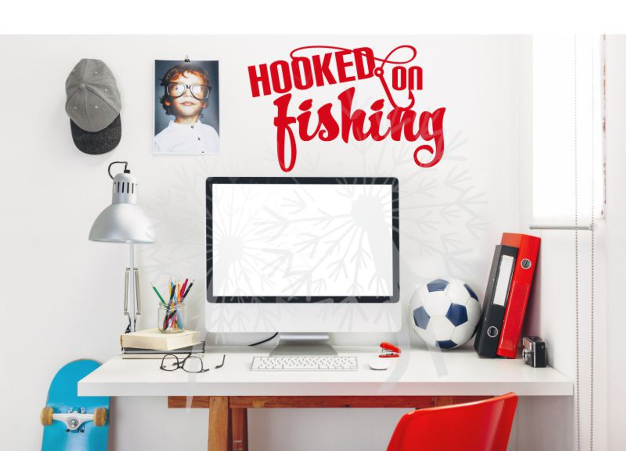 Hooked on Fishing Wall Decal Quote with Hook Fisherman Decor Art