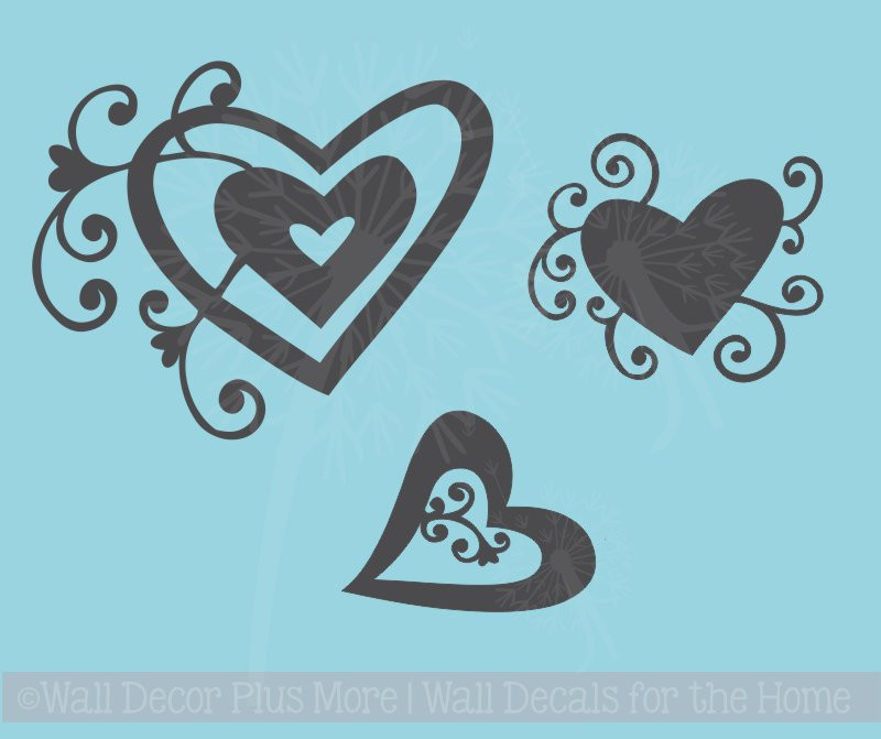 Heart Swirls Vinyl Art Decals Wall Stickers Girls Room Decor 3pc Set