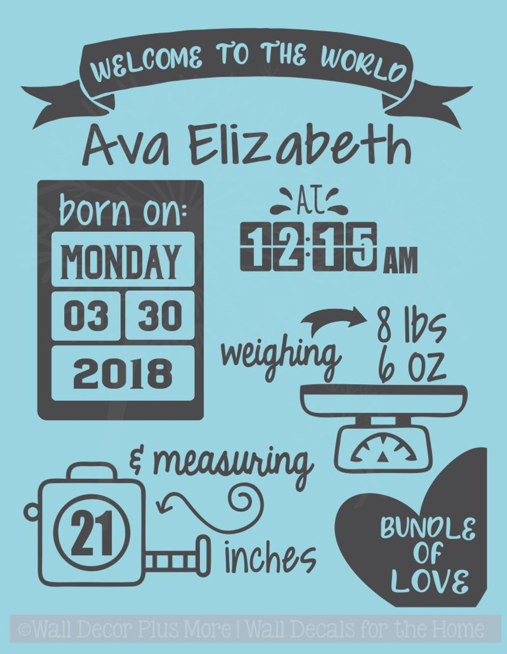 Baby Stats Personalized Vinyl Letters Decals Nursery Wall Art Stickers