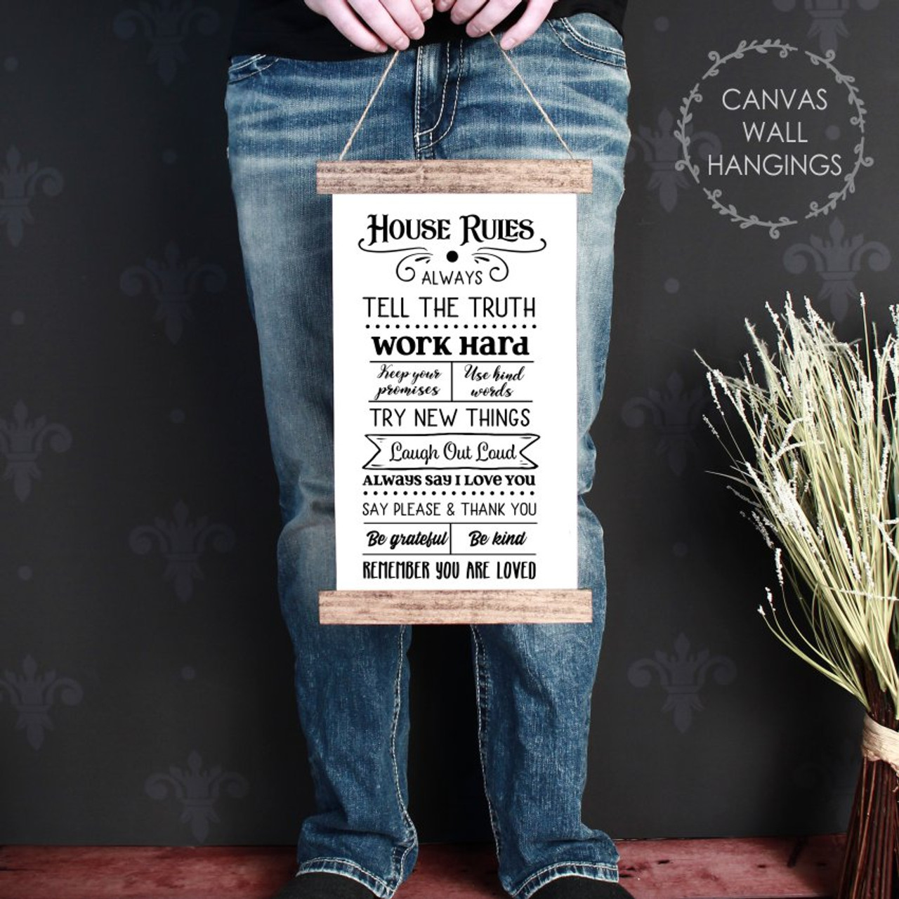 Wood Canvas Wall Hanging House Rules Sign Family Decor Living Room