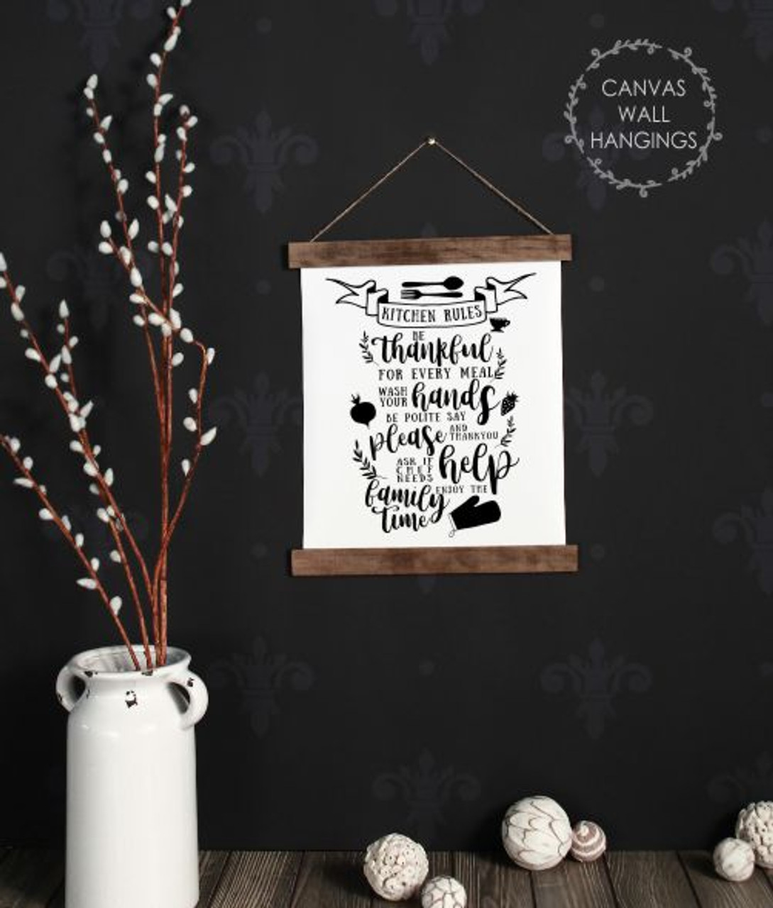 Wood Canvas Wall Hanging Kitchen Rules Decor Sign Art Enjoy Family