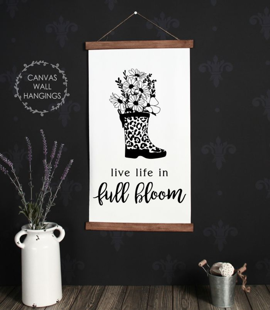Wood Canvas Sign Rainboots Life In Bloom Wall Hanging Decor Print Art