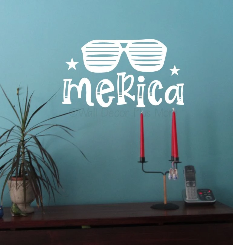 Merica Wall Decal with Sunglasses Art Patriotic Wall Sticker Décor White