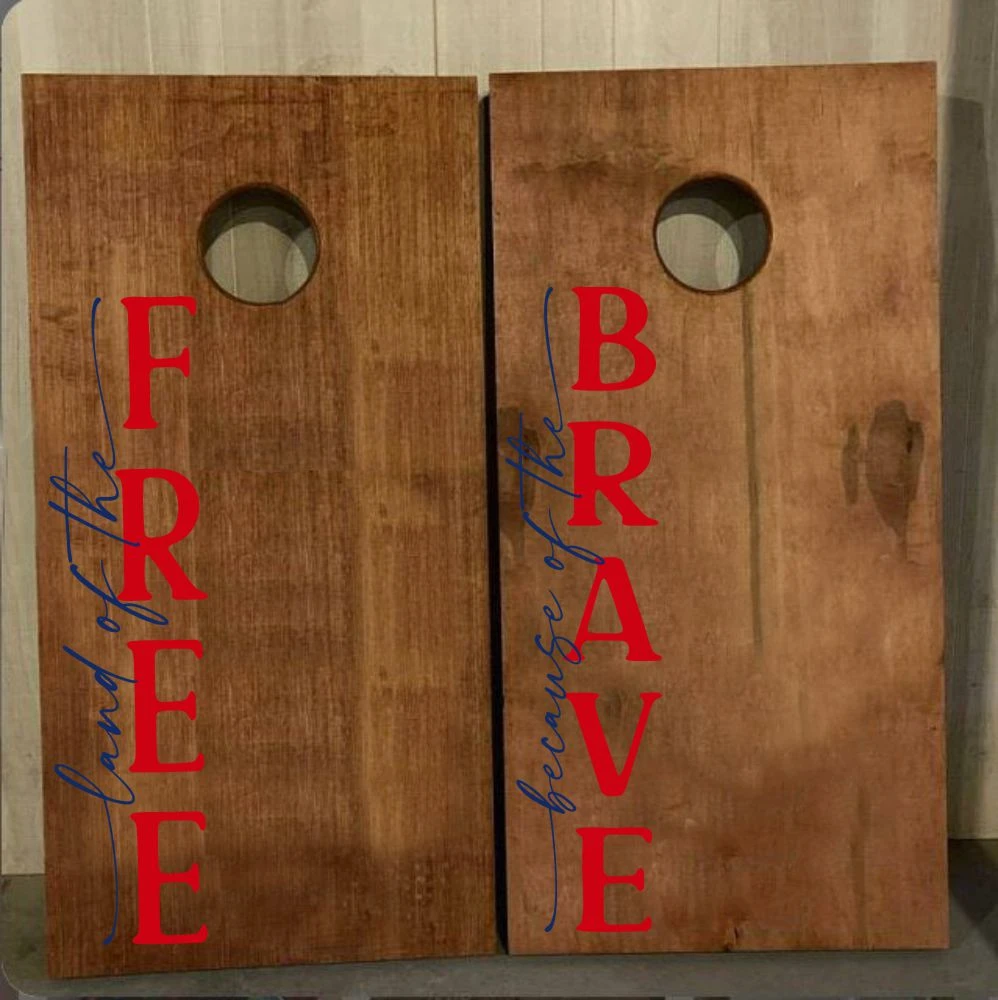 Patriotic Vinyl Decals for Cornhole Boards Land of Free Because of Brave DeepBlue Red