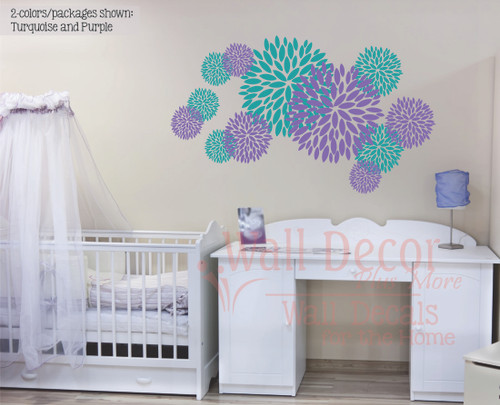 Floral Burst Vinyl Sticker Wall Decals 2-color design Girls Room-Turquoise, Purple