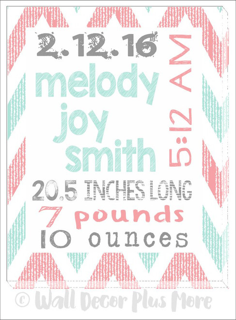 Baby Girl Wall Chevron Canvas Print Customized Personalized Stunning Wall Art Mint Coral