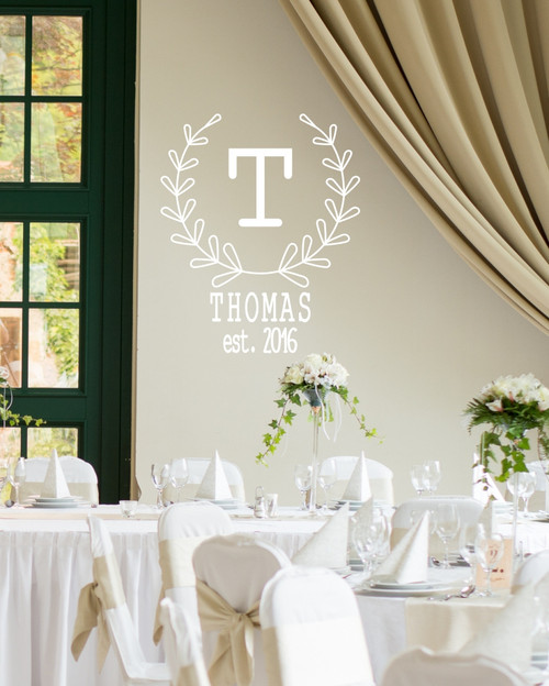 Monogram Laurel Wreath Custom Vinyl Wall Decal Stickers Last Name Est Date