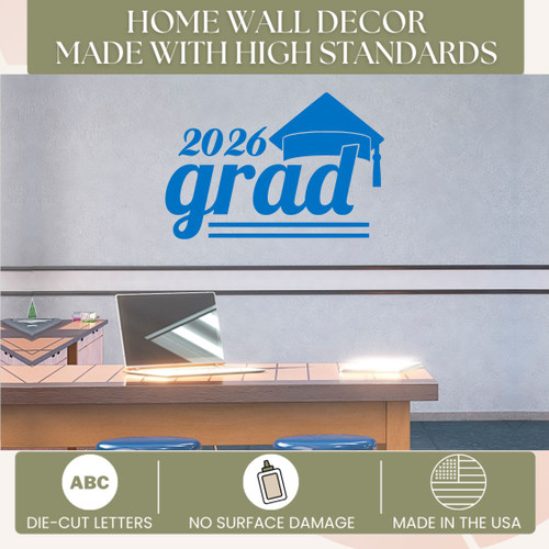 2026 grad Traffic Blue Enhanced Grad with Graduation Hat Art Vinyl Wall Decals Stickers for Party Decor