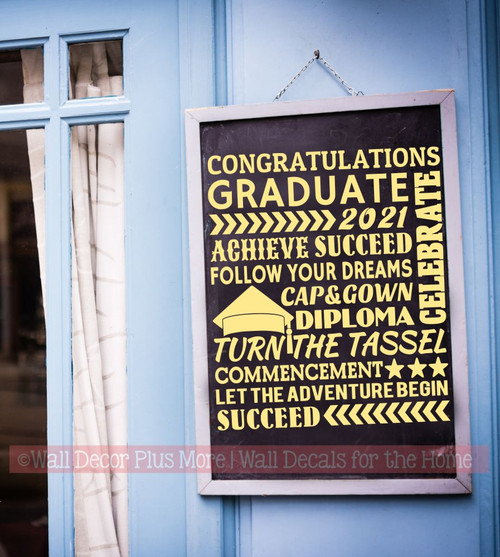 Congrats Grad Achieve Success Follow Your Dreams Let the Adventure Begin Subway Art Lettering Graduation Decor Wall Art Vinyl Wall Stickers buttercream on chalkboard
