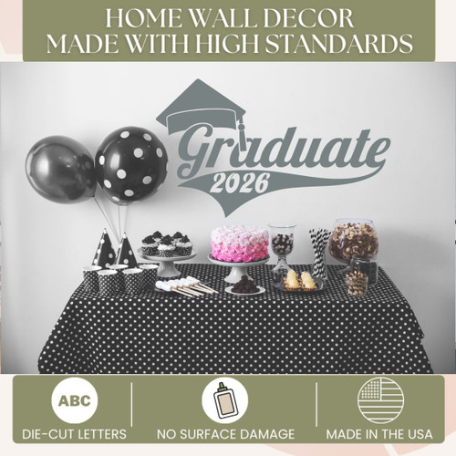 Graduate 2026 with Hat Vinyl Sticker Wall Art Graduation Decoration Party Room Decor Graduate Storm Gray