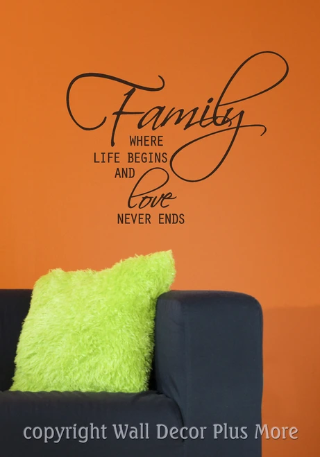 Family Where Life Begins and Love Never Ends Wall Decal Stickers Saying Black