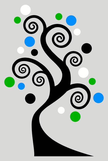 Swirly Tree Sticker Vinyl Wall Art Decals with Polka Dots in 4 colors Black Lime Green Geyser Blue and White
