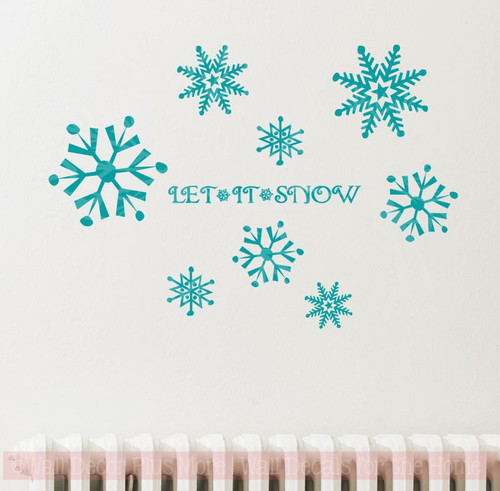 Snowflake Winter Decal Sticker Set with Let It Snow Lettering-Teal