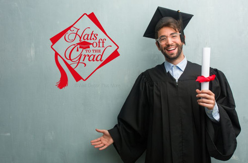 Hats Off to the Grad Vinyl Sticker Decal for Graduation Decoration or Gift — Smiling graduate in cap and gown holding