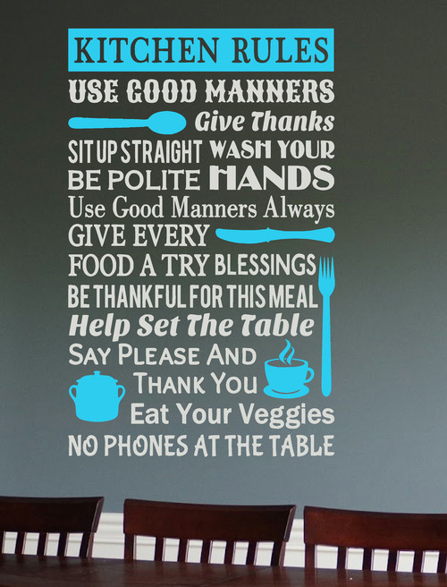 Kitchen Rules Wall Decal Sticker Subway Art White Geyser Blue