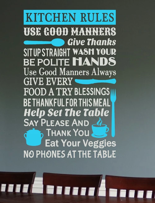 Kitchen Rules Wall Decal Sticker Subway Art White Geyser Blue