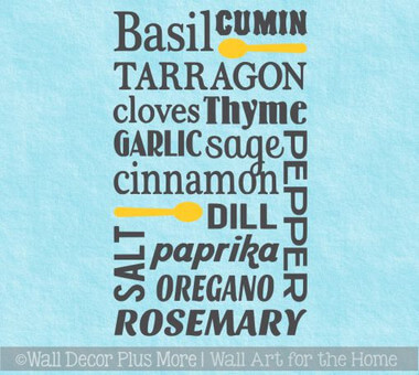 Spices Subway Art Wall Decal Sticker for Kitchen Decor — Colorful typography art print with various herbs and spices on a