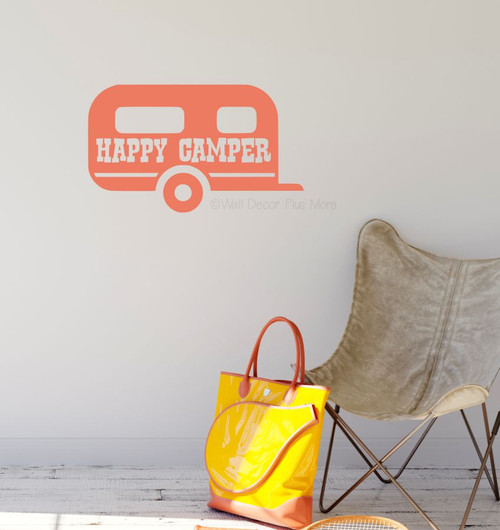 Happy Camper Vintage Summer Quotes Vinyl Wall Decals Camper Wall Decor in Coral