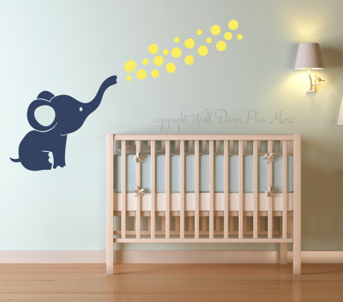 Elephant Wall Decal with Floating Bubbles, Cool Nursery Room Decor-Deep Blue, Light Yellow
