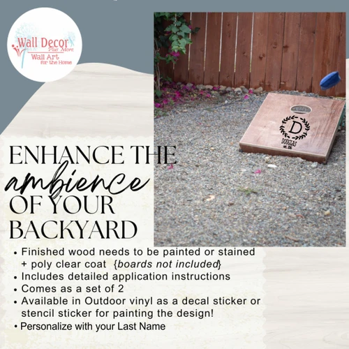 Monogram Vinyl Decals Laurel Wreath with Name, Date for Cornhole Beanbag Boards, Set of 2 (WD612 Glossy) Enhanced