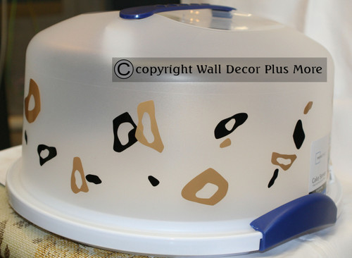 Tiny Leopard Print Rings and Dots, Glossy Vinyl Stickers Decals Tan & ChocBrown on cake carrier