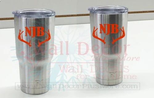 Monogram Vinyl Sticker Decals with Antlers for RTIC or Yeti Tumblers, Set of 2
